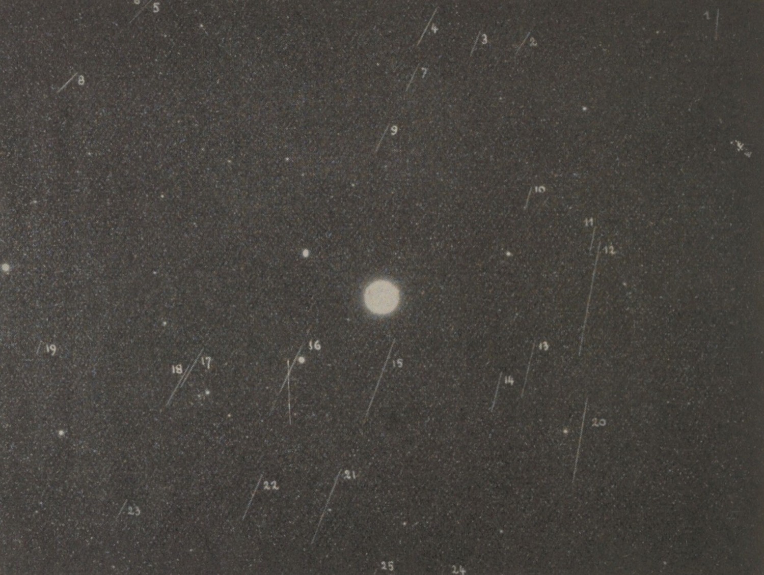 Old black and white photograph of a star field crossed by many short, straight meteor trails